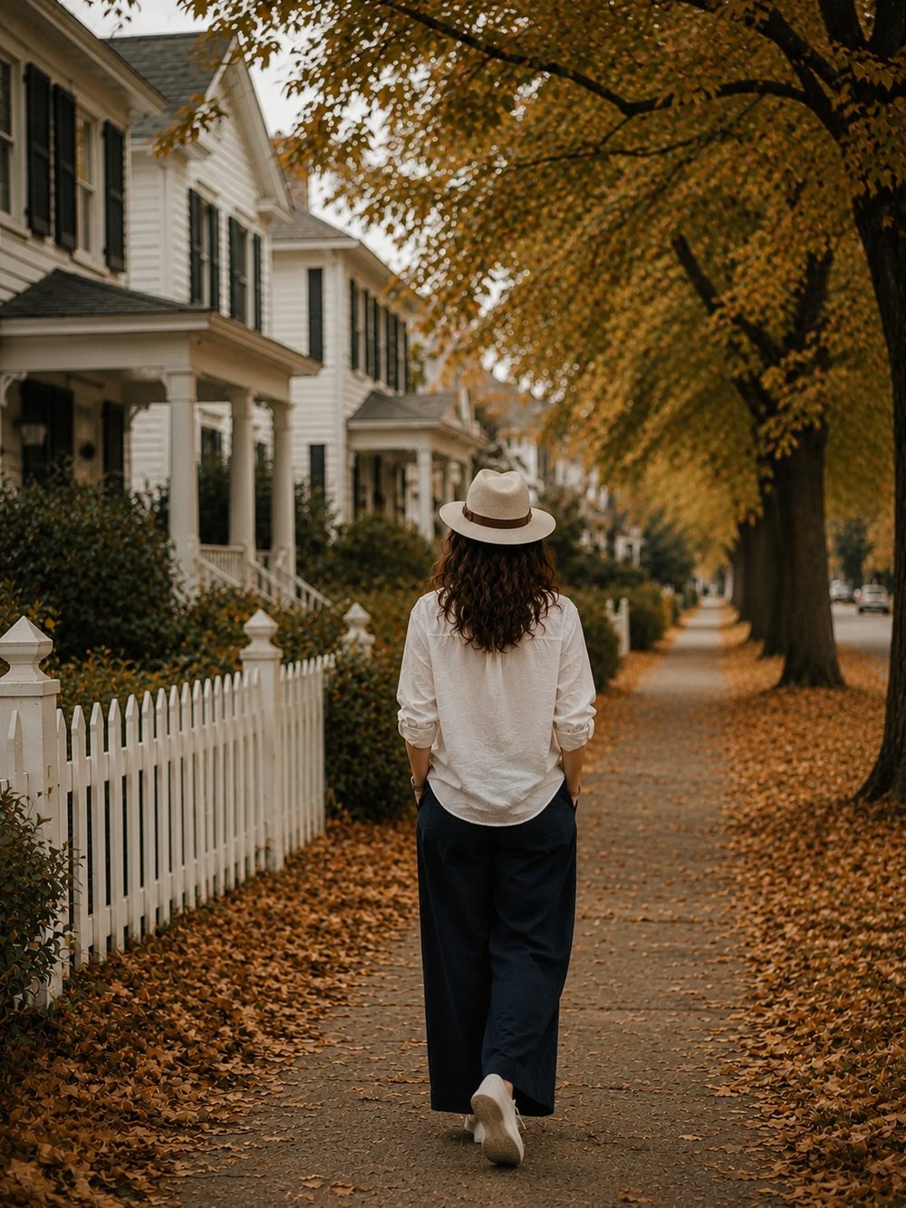 A woman walking away down a tree-lined autumn street, seen from behind