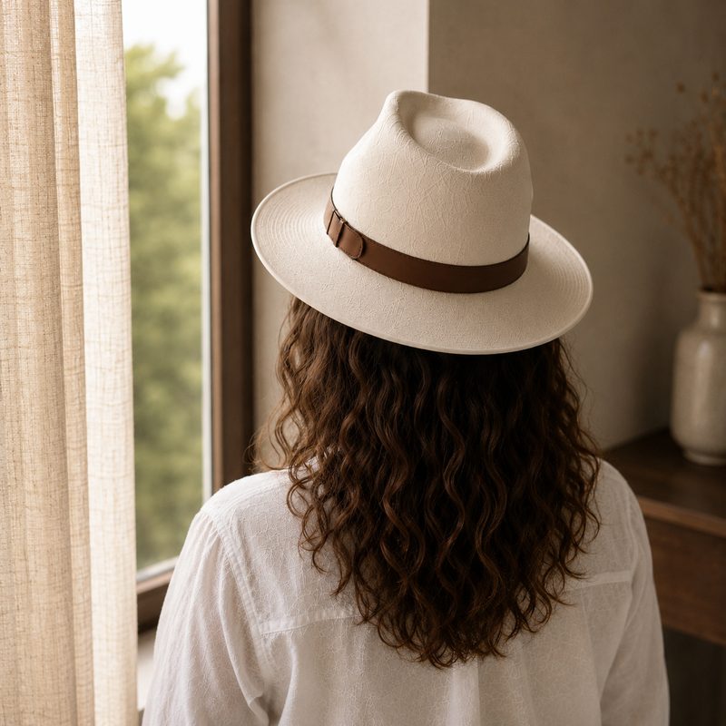 The author seen from behind wearing her signature cream hat