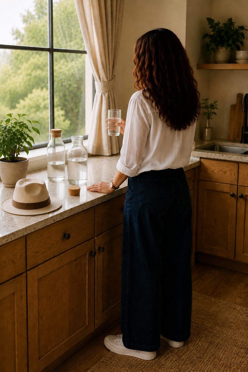 A woman standing in her kitchen at night, seen from behind