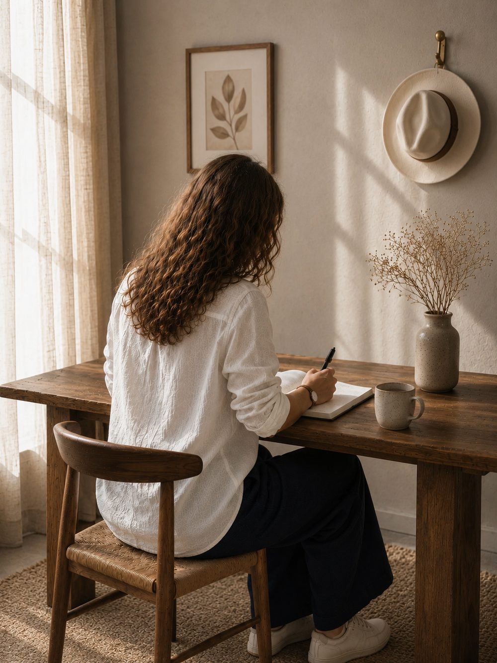 The author writing in a notebook at her desk, seen from behind