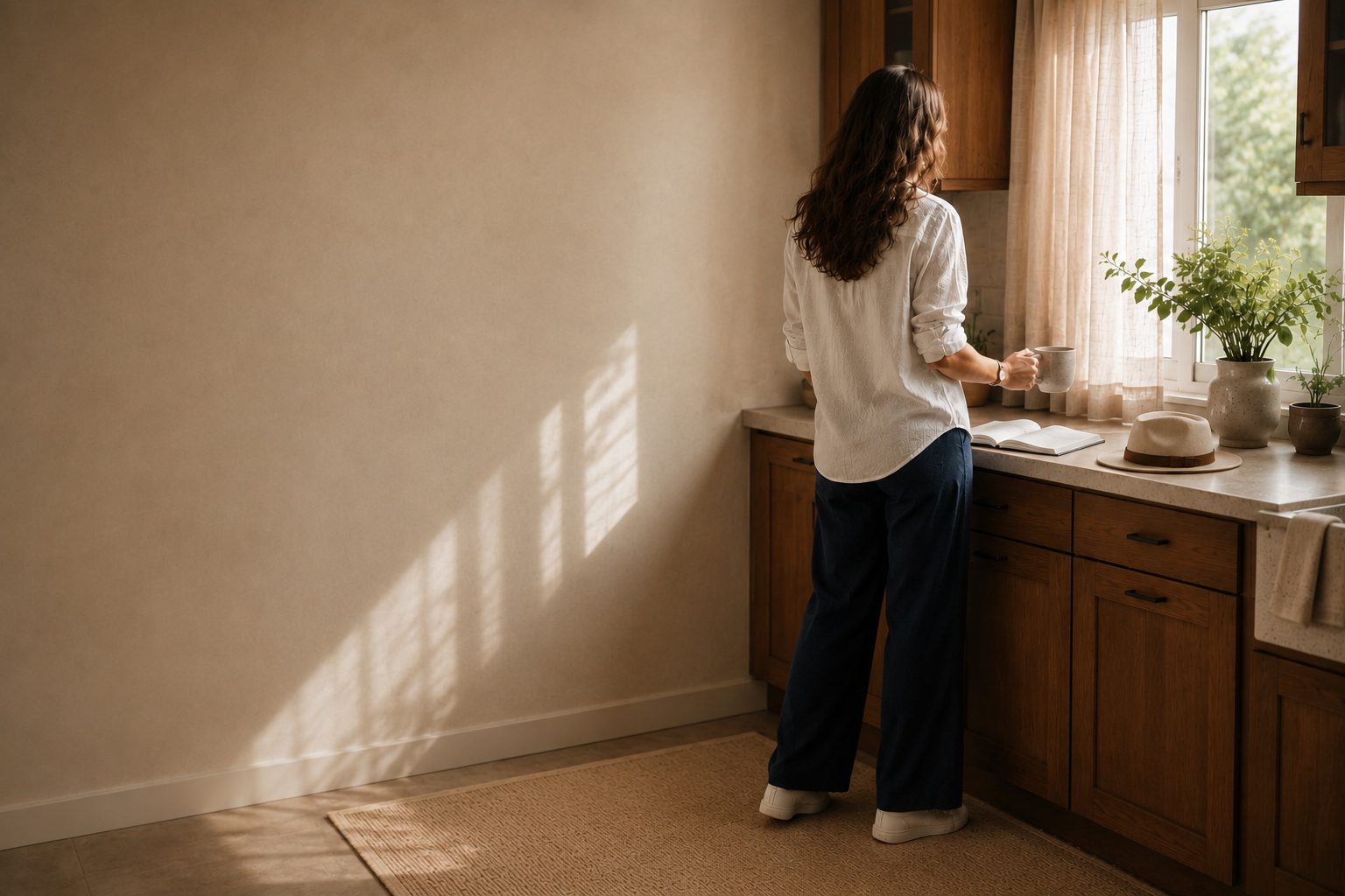 A woman seen from behind at her kitchen counter with a mug of coffee and an open notebook