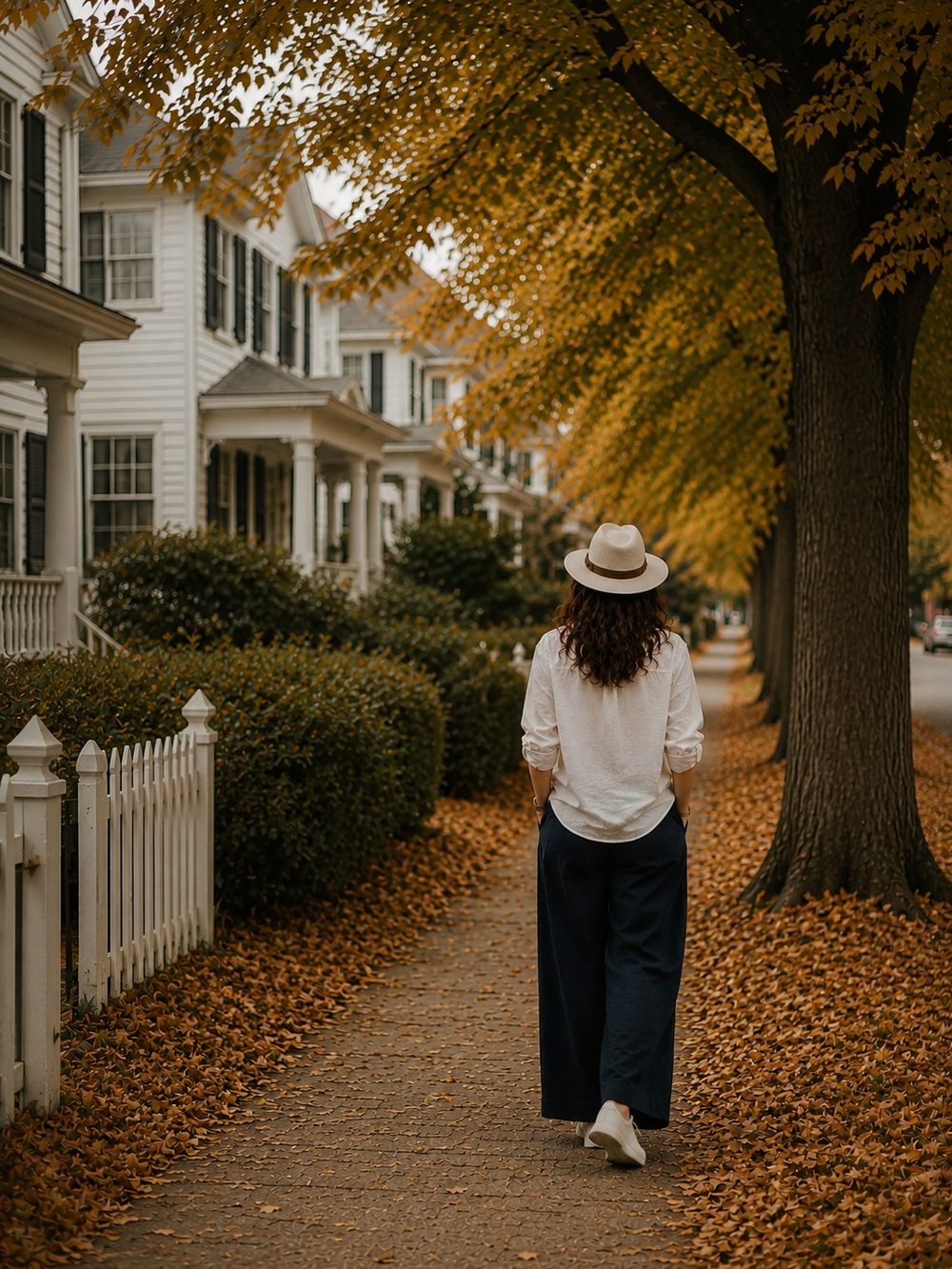 A woman walking through a park, seen from behind