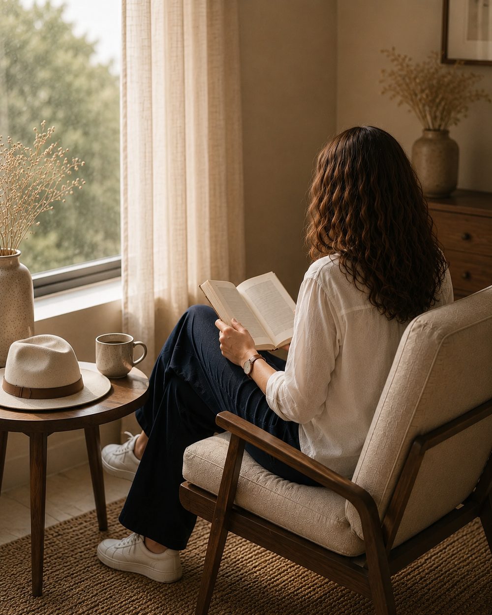 A woman reading in an armchair by a window, seen from behind
