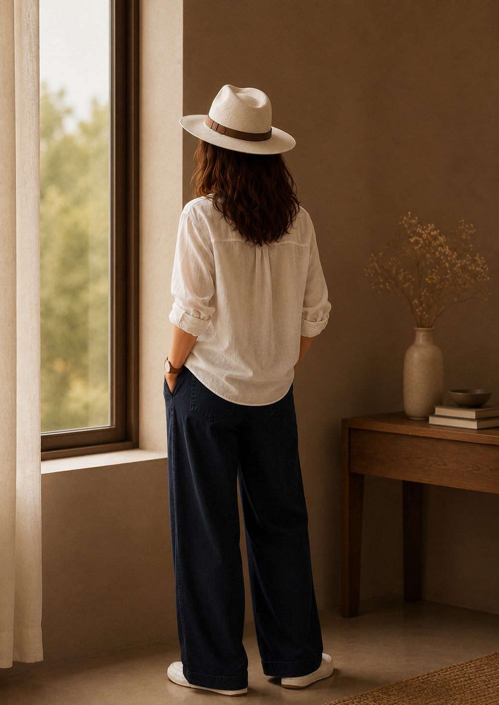 A woman standing by a kitchen window, seen from behind