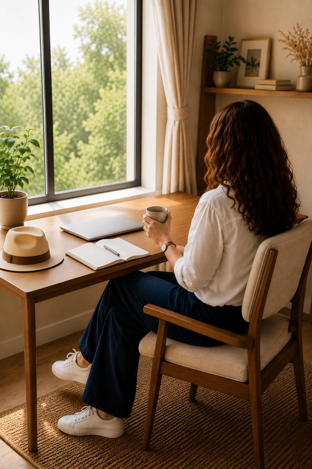 A woman writing in a workbook at her desk, seen from behind